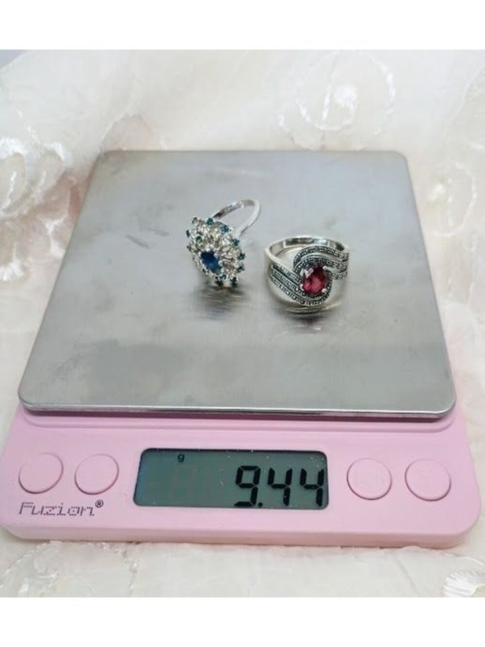 Set 2 Rings ESPO Blue Marquise Rhinestone 18k Heavy Gold Electroplate & Red Oval - Picture 9 of 9
